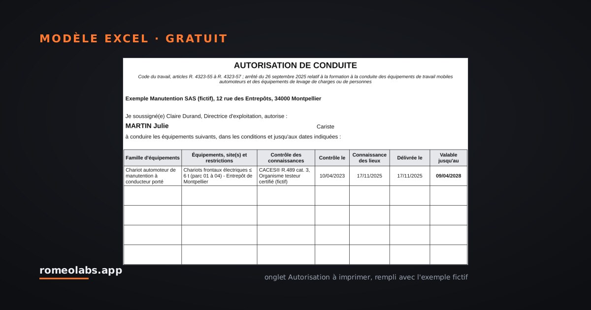 Aperçu du modèle : Autorisation de conduite : modèle Excel et registre des échéances, réforme 2025